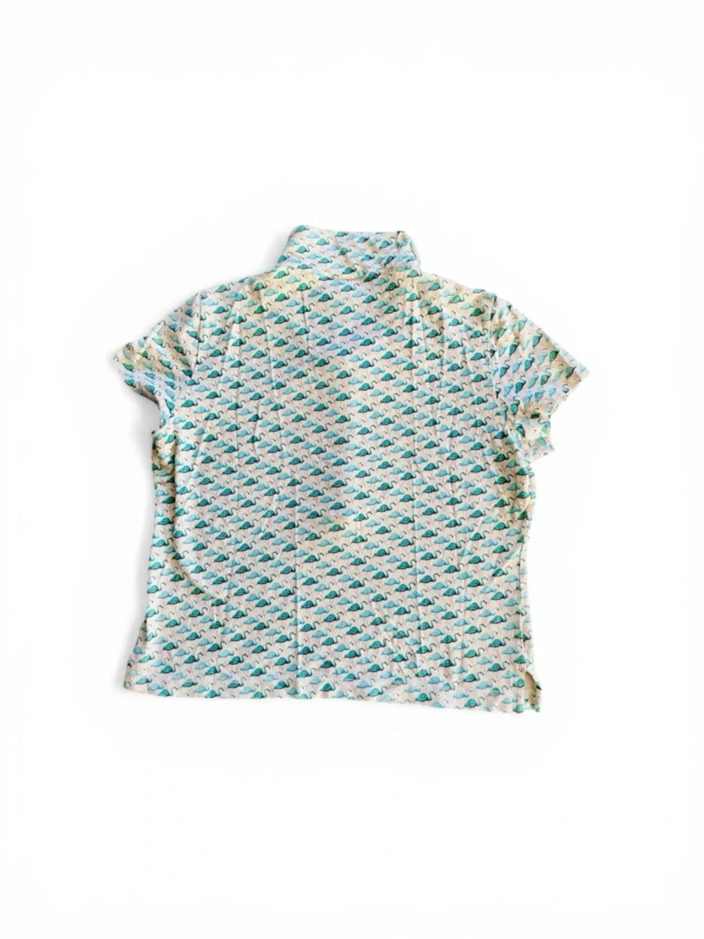 Sz L Tory Burch Cropped Cream Golf Polo with Teal Flamingo Print - Picture 2 of 9